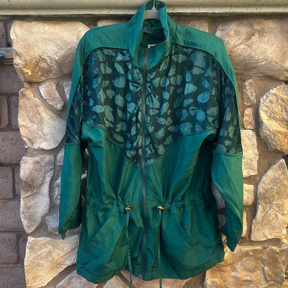 Lavon Green Silk Jacket Lightweight Fall Leaves Print Size Large 80s Vintage